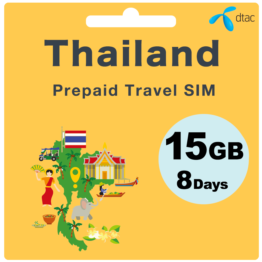 Tarjeta SIM de viaje prepago de Tailandia 15 GB 8 días - dtac