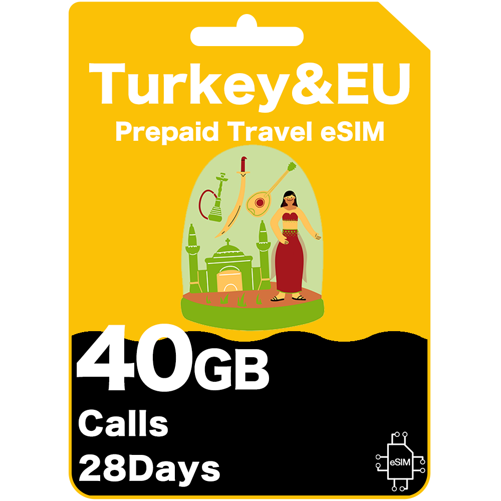 Prepaid travel eSIM package for Turkey & EU with 40GB data and 28-days