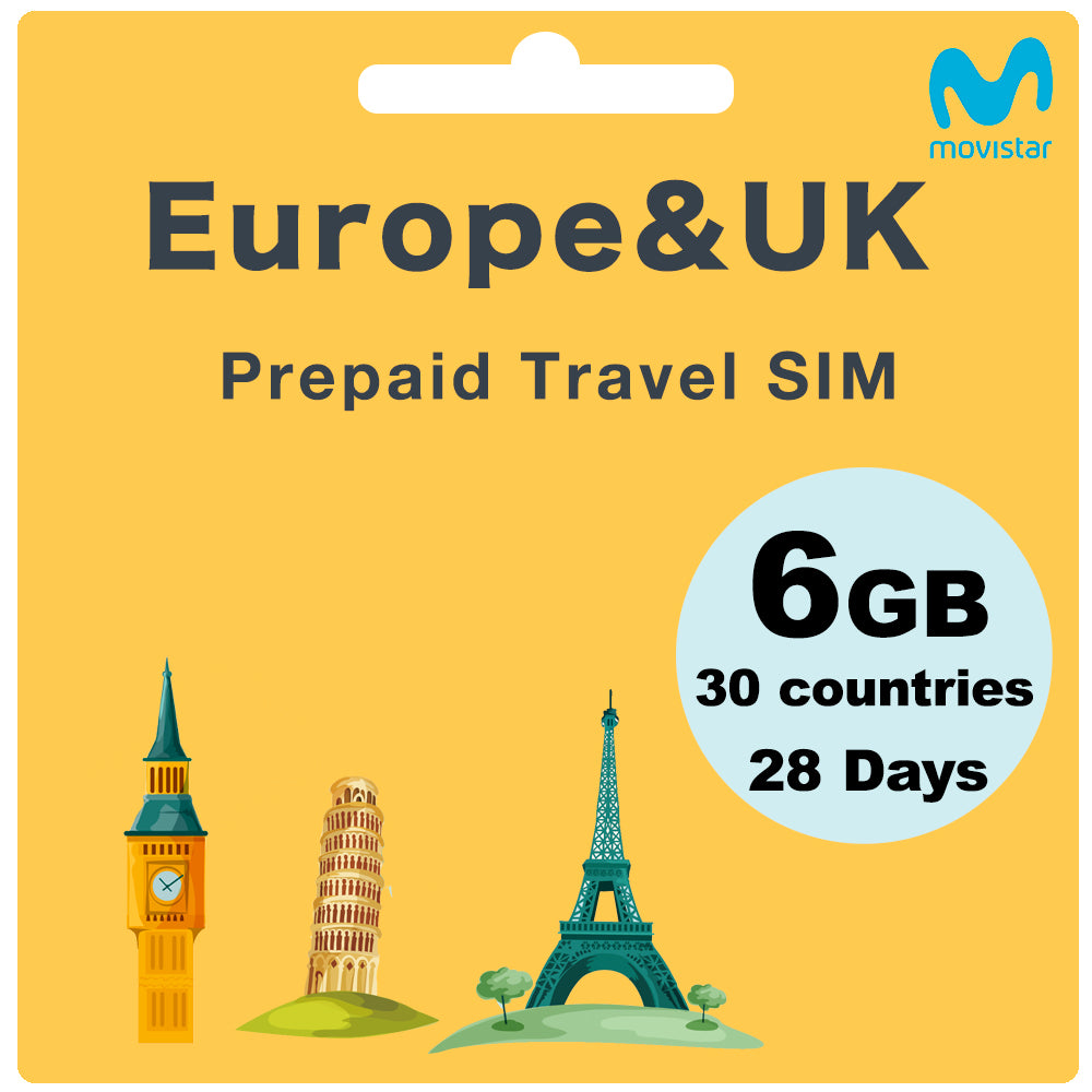  28 días 6GB tarjeta SIM del Reino Unido, tarjeta SIM Europa, tarjeta  SIM Movistar prepago 3 en 1 para todos los países de Europa, 40GB de datos  de red de España